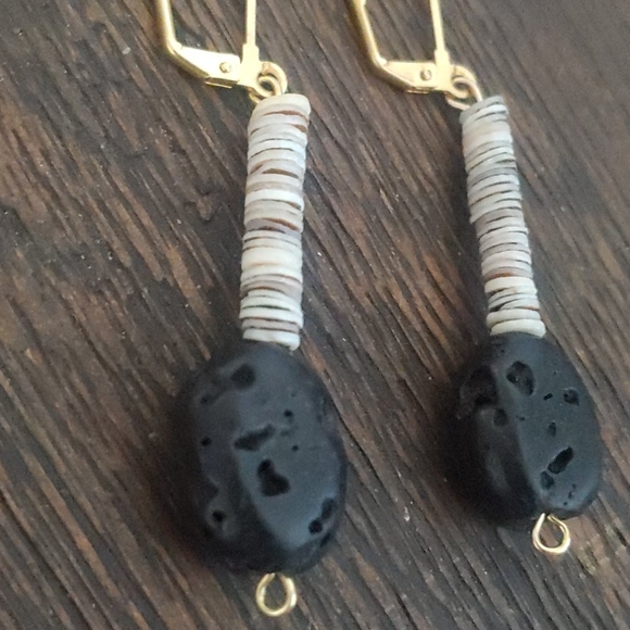 Lava Rock Gold Dangle Earrings - Picture 4 of 5
